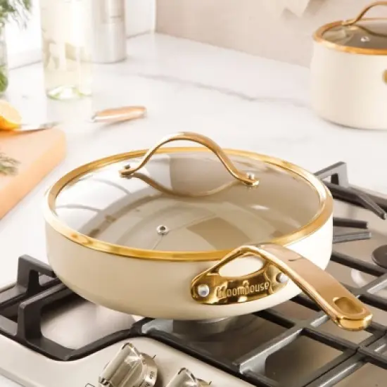 Bloomhouse 10 Inch Heavy Duty Aluminum Premium PFA Free Ceramic Nonstick Saute/Deep Frying Pan Skillet with Lid - Linen White with Gold Handle image {8}