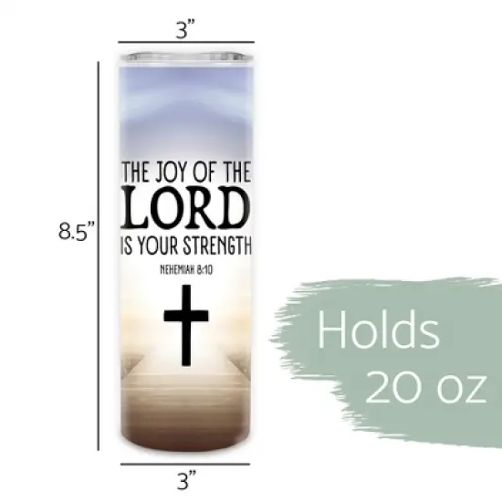 Elanze Designs The Joy of the Lord Is Your Strength Nehemiah 8:10 Cross 20 ounce Stainless Steel Travel Tumbler with Lid For Your On The Go Beverages image {1}