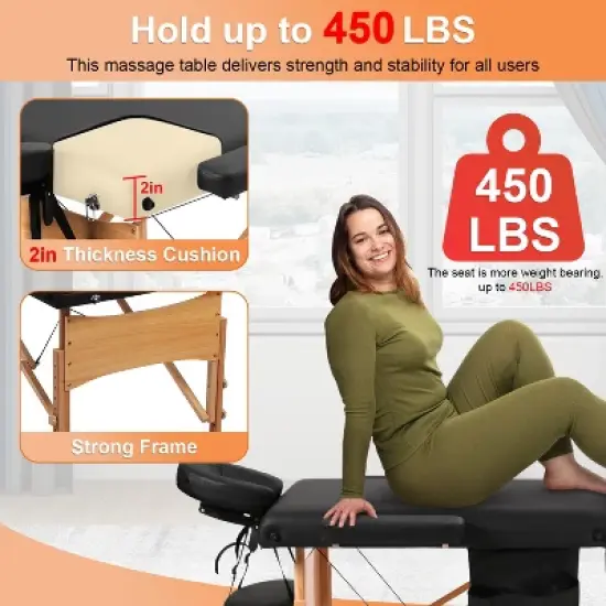 FDW Massage Table Massage Bed Heigh Adjustable 3 Fold 82" Massage Table W/Sheet Cradle Cover 2 Bolster Hanger Portable Facial Salon Tattoo Bed,Black image {3}