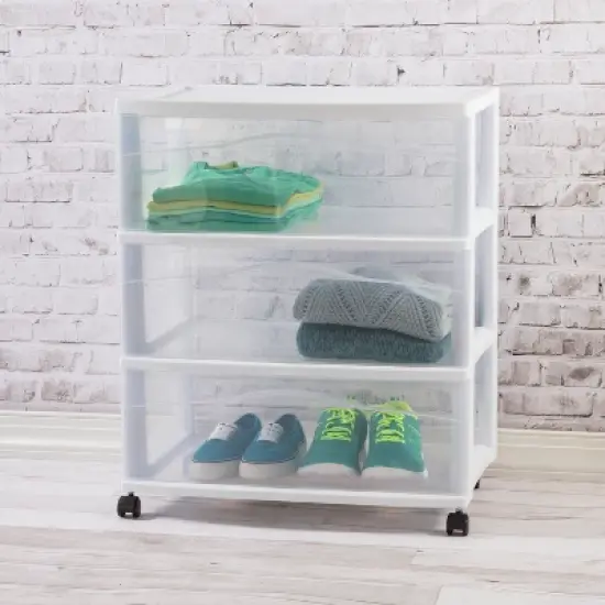 3 Drawer Wide Cart White - Brightroom&trade;: Plastic Storage Drawers, Utility Cart with Casters, Portable Universal Storage image {2}