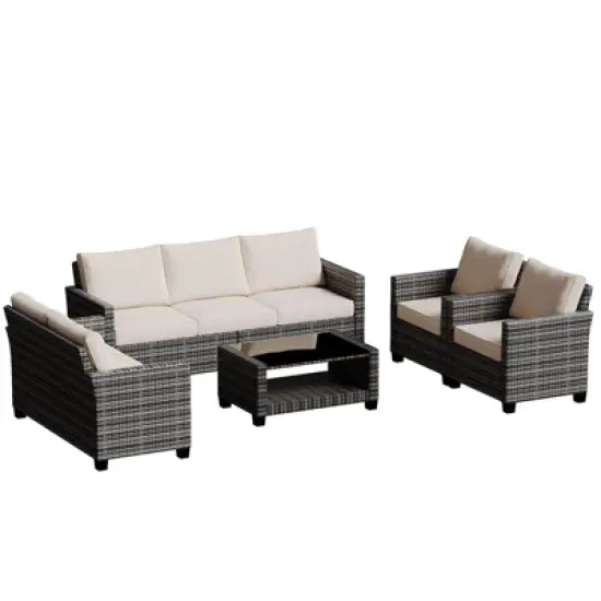 5-Piece Outdoor Patio Furniture Set with 7-Seating Capacity - All-Weather Wicker Sectional Sofa with Tempered Glass Coffee Table & Premium Cushions - image {7}