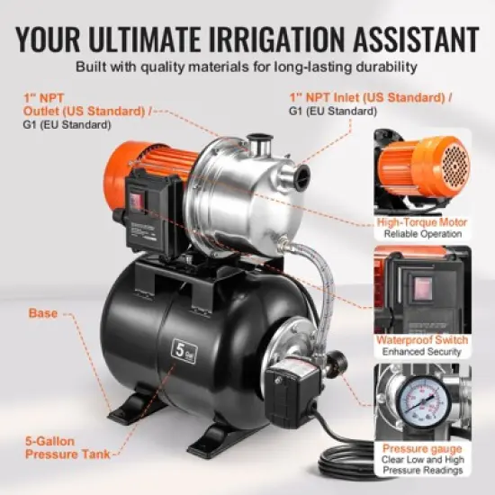 VEVOR 1 HP Shallow Well Pump with Pressure Tank, 1000 GPH, Automatic Irrigation Water Booster Pump with 130 ft Head Lift 20/40 PSI Pressure, Black image {6}