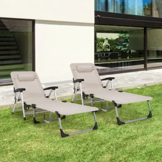 Tangkula Folding Camping Cot, Adjustable 7-position Lounge Chair w/ Removable Headrest & Cup Holder Black/ Grey/ Beige/ Blue image {3}