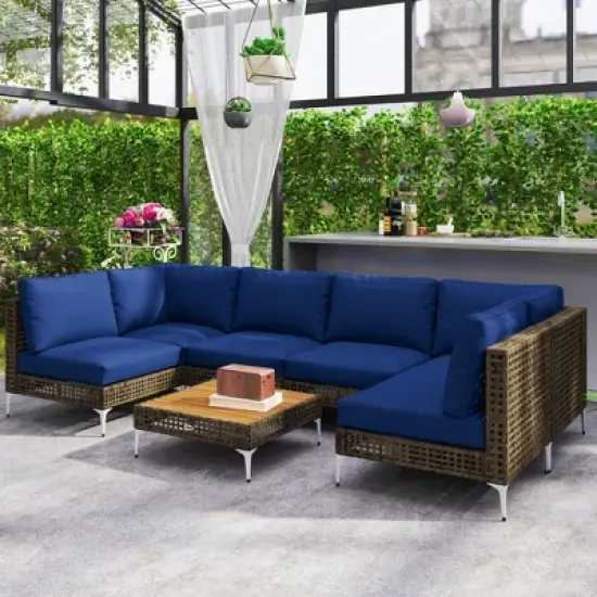 Outsunny 7 Piece Wicker Patio Furniture Set, Modular Outdoor Sectional Conversation Set with Thickened Cushions, Acacia Wood Table image {1}