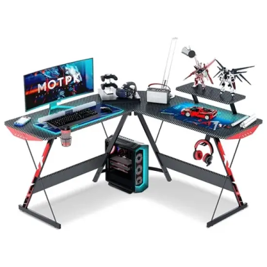 MOTPK L-Shaped Carbon Fiber Computer Gaming Desk with Raised Monitor Shelf, Built In Cup Holder, Headphone Hook, & Y-Shape Metal Frame image {5}