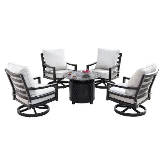 5pc Outdoor Dining Set with 34" Aluminum Round Weave Design Fire Table, Deep Seating Swivel Rocking Chairs & Covers - Oakland Living image {1}