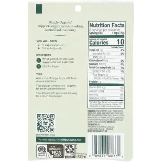 Simply Organic Ranch Dressing Mix - Case of 12/1 oz image {2}