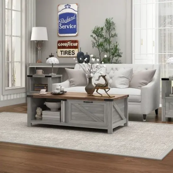 HOMCOM Farmhouse Coffee Table with Storage Drawer and Open Shelf, Rustic Coffee Table for Living Room image {2}
