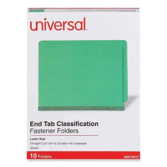 Universal Deluxe Six-Section Pressboard End Tab Classification Folders, 2 Dividers, 6 Fasteners, Letter Size, Green, 10/Box image {1}