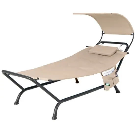 Costway Patio Hanging Chaise Lounge Chair with Canopy, Cushion, Pillow & Storage Bag Blue/Beige/Brown image {9}