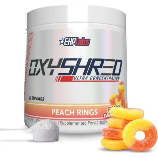 EHPlabs OxyShred Thermogenic Pre Workout & Fat Burner - Clinically Proven Preworkout Powder with Acetyl L Carnitine - Peach Candy Rings, 60 Servings image {8}