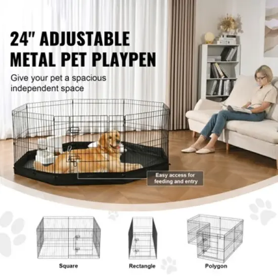 VEVOR Dog Playpen, 8 Panels Foldable Metal Dog Exercise Pen with Bottom Pad, 24" H Pet Fence Puppy Crate Kennel with Ground Stakes image {2}