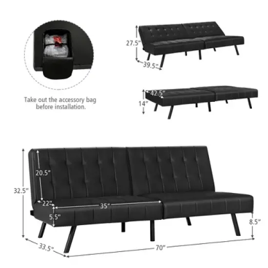 Costway Futon Sofa Bed PU Leather Convertible Folding Couch Sleeper Lounge White/Black/Grey image {3}
