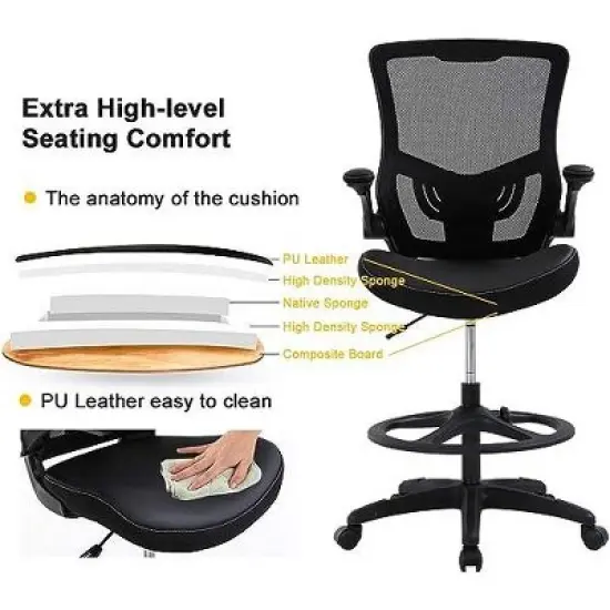 FDW Drafting Chair Tall Office Chair Standing Desk Chair with Flip Up Arms Foot Rest Back Support Adjustable Height Drafting Stool, Black image {5}
