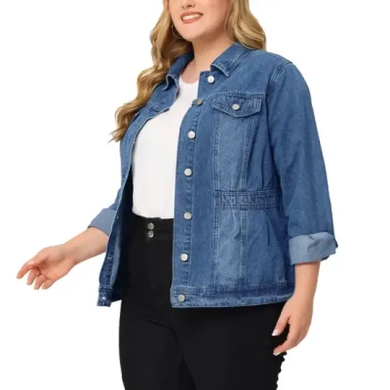 Agnes Orinda Women's Plus Size Classic Denim Washed Front Long Sleeve Jean Jackets image {10}