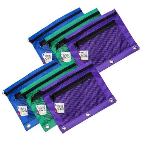 CLI Charles Leonard 2-Pocket Zipper Nylon Pencil Pouch with Mesh Front Assorted Colors 6/Pack image {1}