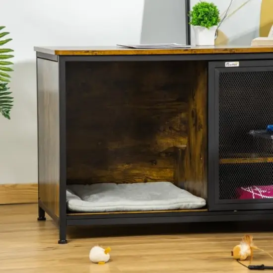 PawHut Cat Kennel, Wood & Steel End Table Style with Cushion & Sliding Doors, Pet Kitten Crate, Elevated Indoor Small Animal Cage, Rustic Brown image {5}