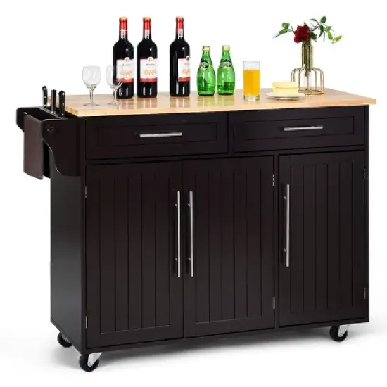 Costway Kitchen Island Trolley Cart Wood Top Rolling Storage Cabinet w/Knife Block WhiteBrown image {10}