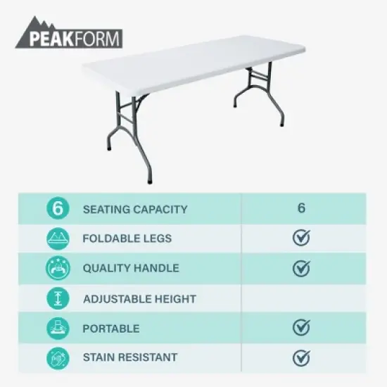 Peakform Multipurpose Banquet Table Lightweight Folding Durable Desk with Secure Base for Indoor and Outdoor Events, 6 Foot, White image {3}