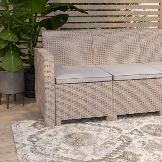 Merrick Lane Outdoor Furniture Resin Sofa Faux Rattan Wicker Pattern Patio 3-Seat Sofa With All-Weather Cushions image {5}