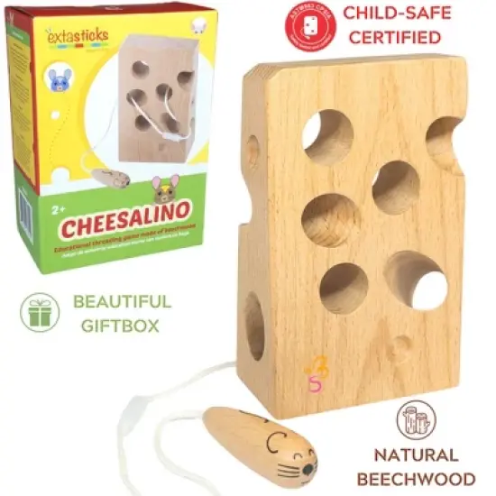 Extasticks Cheesalino Wooden Lacing Toy (Cheese And Mouse) image {1}