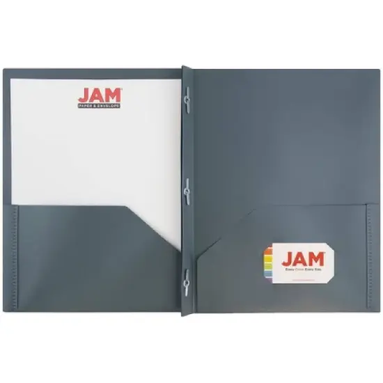 JAM 6pk POP 2 Pocket School Presentation Plastic Folders with Prong Fasteners Gray image {2}