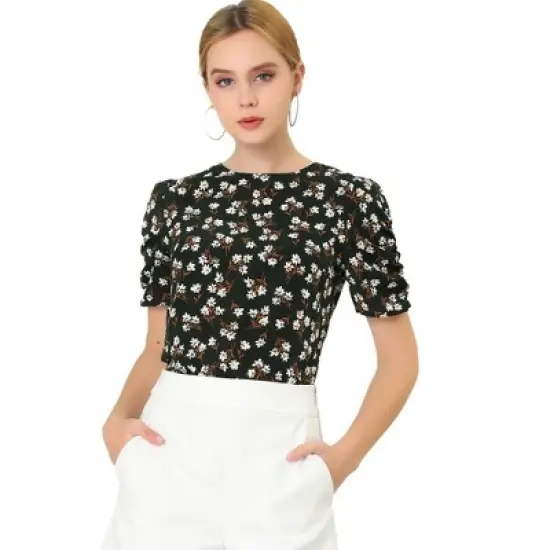 Allegra K Women's Floral Crew Neck Summer Casual Shirred Short Sleeve Blouse image {8}