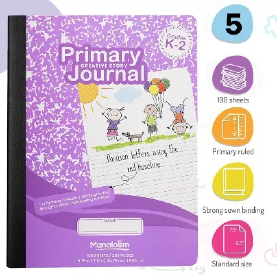 Manaloom Primary Journal Notebook Grades K-2 &ndash; 5 Pack &ndash; 100 Sheets, 9.75" x 7.5" &ndash; Primary Ruled with Drawing Space image {1}