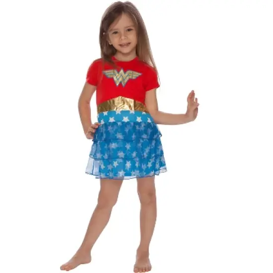 DC Comics Girls Wonder Woman Gold Foil Logo 3 Tiered Costume Pajama Nightgown Multicolored image {1}