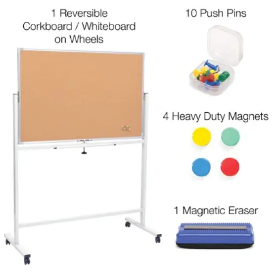 Excello Global Products 48" x 32" Reversible Whiteboard/Corkboard on Wheels (White Frame) image {2}