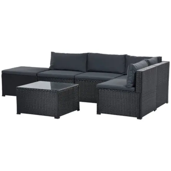 6pc Wicker Patio Conversation Set with Cushions - Black/Gray - GODEER image {5}