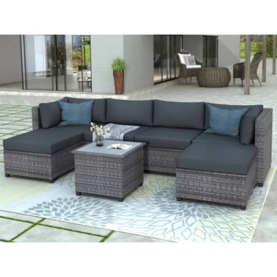 7pc Outdoor Set with Rattan Sofa & Cushions - Gray - GODEER image {1}