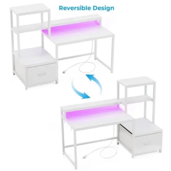 Itopfox Computer Desk with Drawers & Monitor Stand, Home Office Desk with Storage Shelves, Gaming Desk with Power Outlets & LED Lights for Study image {5}