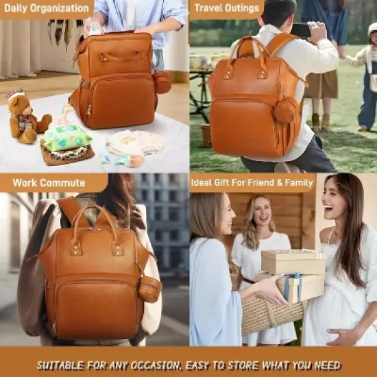 Itopfox Vegan Leather Diaper Backpack with Waterproof Changing Pad, Reinforced Stitching & Zippers, Ergonomic Design for Traveling Moms, Brown image {1}