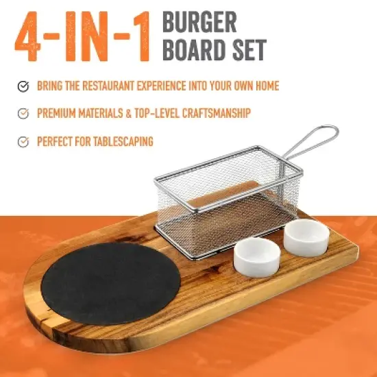 Yukon Glory Burger Board Set, Includes Premium Acacia Wood Board With Slate, Stainless Steel Fry Basket, Porcelain Condiment Cups image {3}