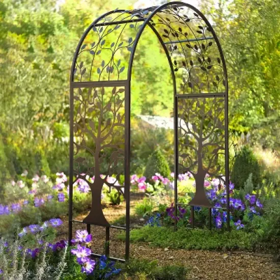 Metal Arched Garden Arbor with Tree of Life Design image {1}