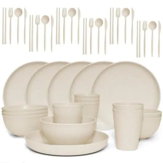 Itopfox Wheat Straw Dinnerware Sets - 42 Piece Unbreakable Plates, Bowls, Cups & Utensils for 6, Lightweight & Durable, Dishwasher & Microwave Safe image {7}