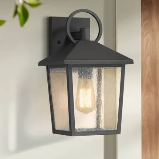 John Timberland Westmont 13 3/4" High Modern Outdoor Wall Light Fixture Mount Porch House Exterior Weatherproof Sand Black Aluminum Seeded Glass Shade image {1}