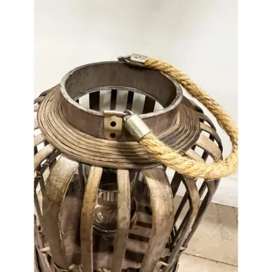 Essential Decor & Beyond 14.5" Natural Bamboo Glass Candle Holder Tabletop Lantern With Rope Handle image {6}