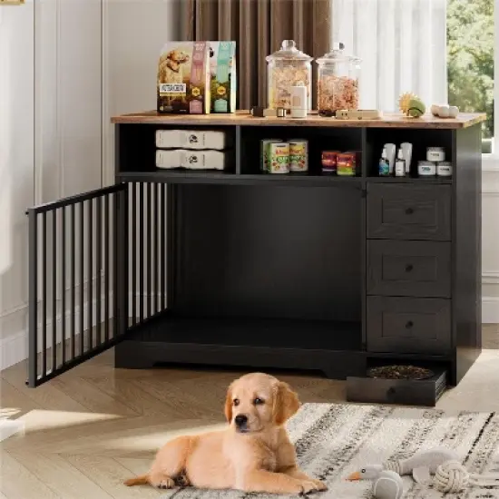 48 Inch Dog Crate Furniture, Indoor Dog Kennel with Hidden Bowl, 3 Drawers and 3 Open Drawers, Decorative Pet Crate for Large Dogs image {2}