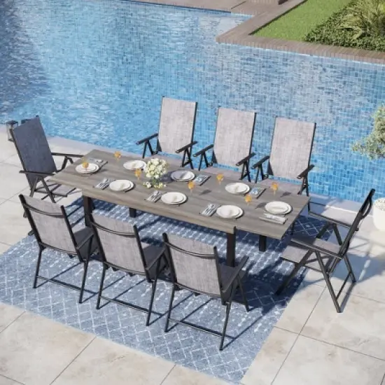 Captiva Designs 9pc Patio Adjustable Steel Rectangle Dining Table & Textilene Reclining Foldable Chairs image {15}