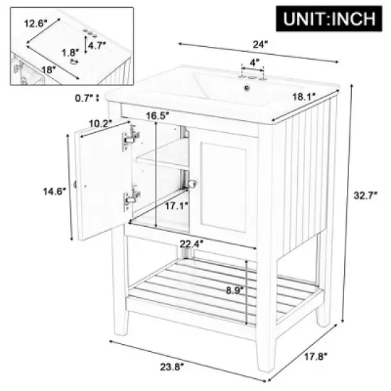KIGFTSOD 24" White Modern Sleek Bathroom Vanity Elegant Ceramic Sink with Solid Wood Frame Open Style Shelf image {9}