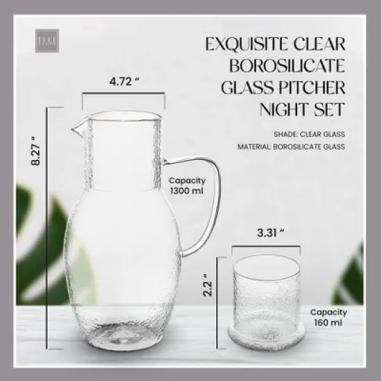 Elle Decor Bedside Pitcher Set, 44-Ounce Carafe with Cup Tumbler Doubles as A Lid, Made of Borosilicate Glass, Clear image {6}