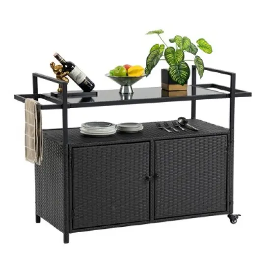 GDFStudio Dennis Outdoor Bar Cart with Tempered Glass Top and Storage Cabinet image {8}