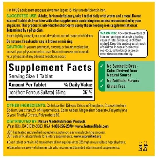 Nature Made Iron 65 mg (from Ferrous Sulfate) Tablets - 180ct image {2}