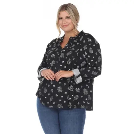 Plus Size Pleated Long Sleeve Leaf Print Blouse image {1}