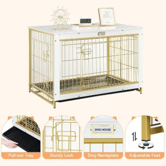 Dog Crate Indoor Furniture, 38.6 inches, Double Door Wooden Cage with Pull-Out Tray, Suitable for Large/Medium/Small Dogs, White image {5}