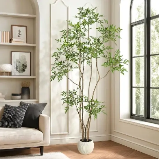 Artificial Plants Indoor, Tall Faux Floor Plant in Pot, Nandina Artificial Tree with White Planter for Home Decor Office Living Room image {10}