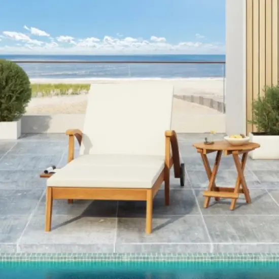 Outdoor Chaise Lounge with Cushion and Wheels, Wooden Adjustable Backrest Recliner for Patio, Poolside or Garden Relaxation-Maison Boucle image {1}