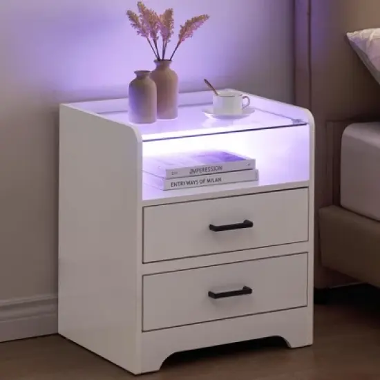 LED Night Stand with 2 Drawers, Smart End Side Table with LED Lights and Glass Top, Modern Bedside Table with Open Storage image {4}